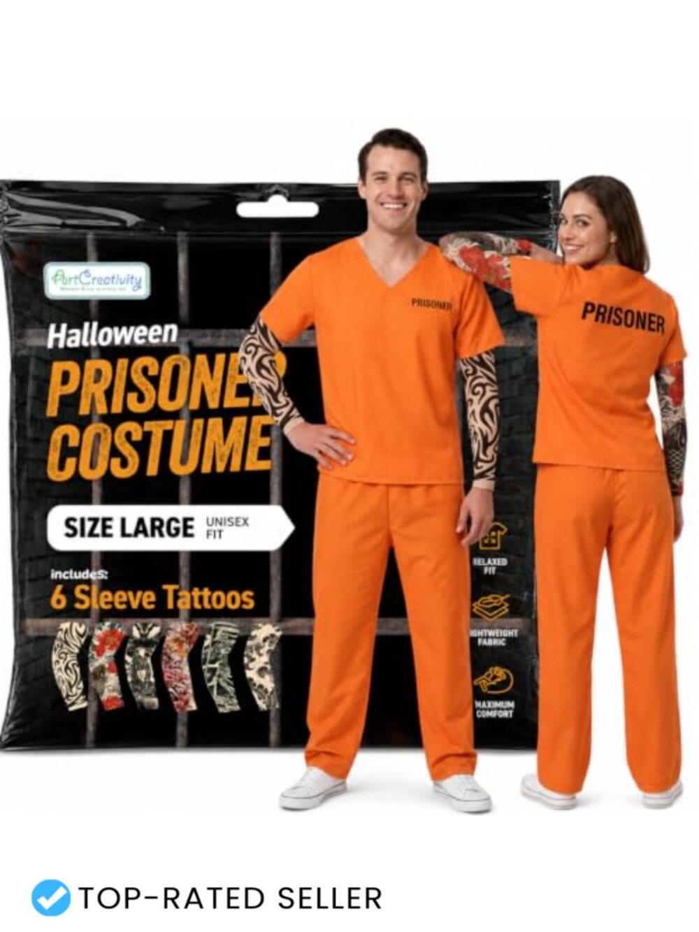 Adult Prisoner Convict Costume with Tattoo Sleeves Halloween Party Outfit